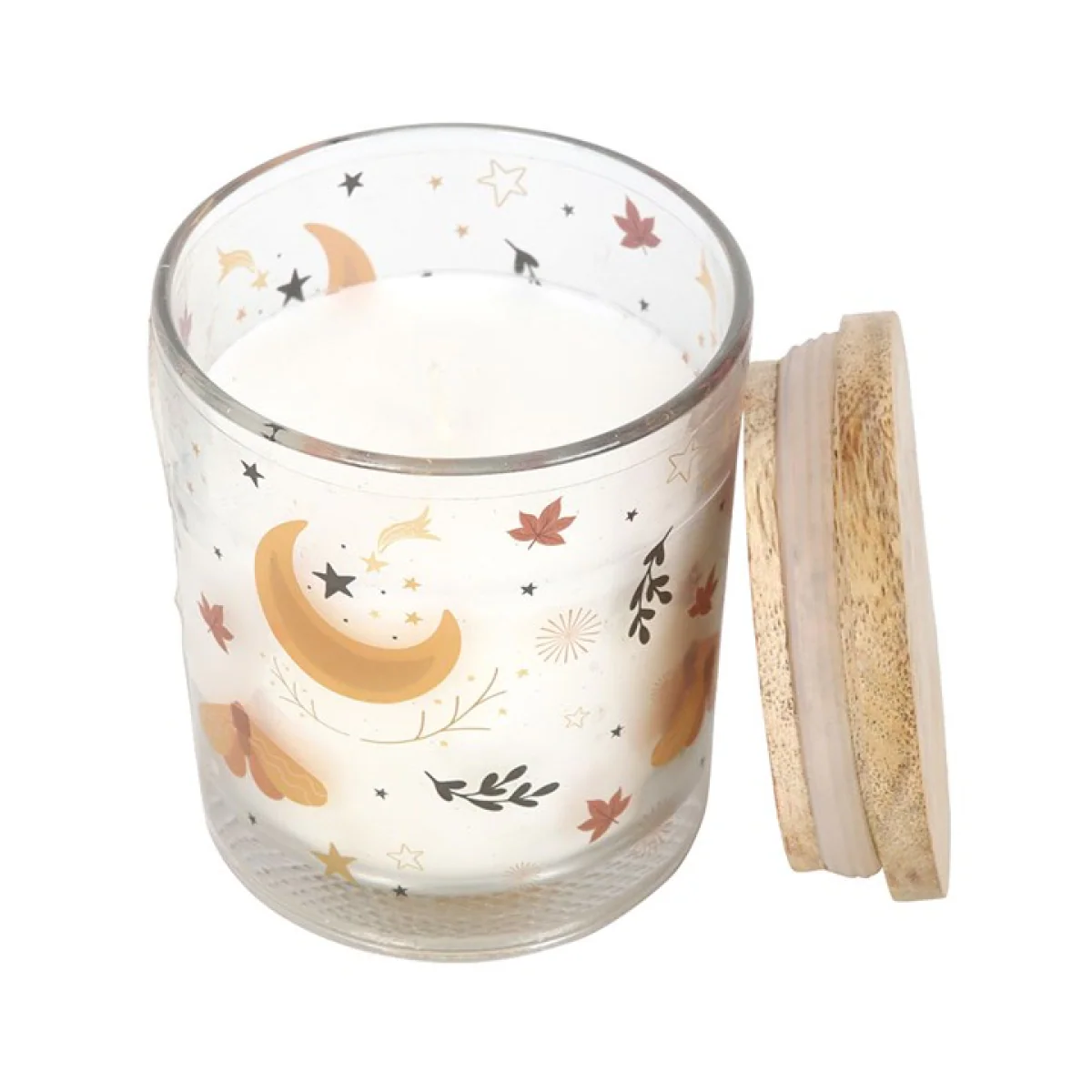 Glass candle with wooden lid featuring celestial designs on a white background