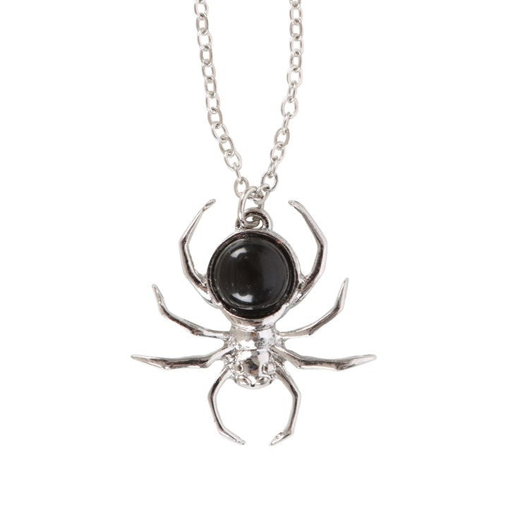 Black Obsidian Spider Necklace - Gothic Halloween Pendant Jewellery