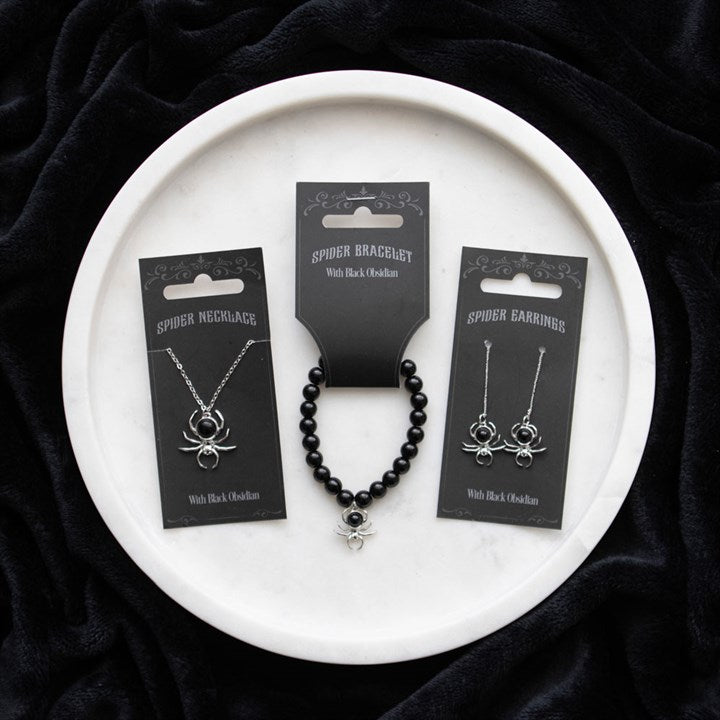 Black Obsidian Spider Necklace - Gothic Halloween Pendant Jewellery