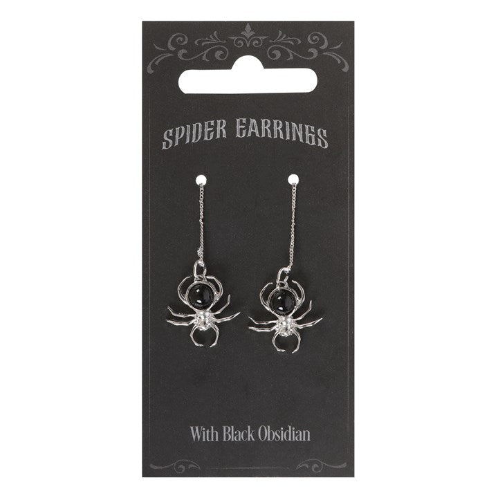 Black Obsidian Spider Earrings - Gothic Halloween Threader Jewellery