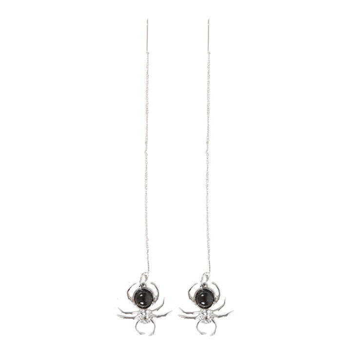 Black Obsidian Spider Earrings - Gothic Halloween Threader Jewellery