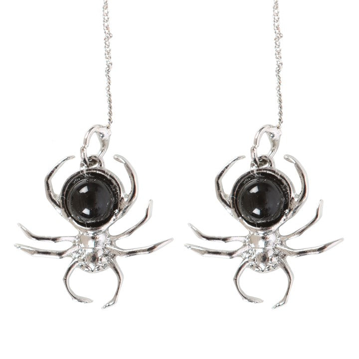 Black Obsidian Spider Earrings - Gothic Halloween Threader Jewellery