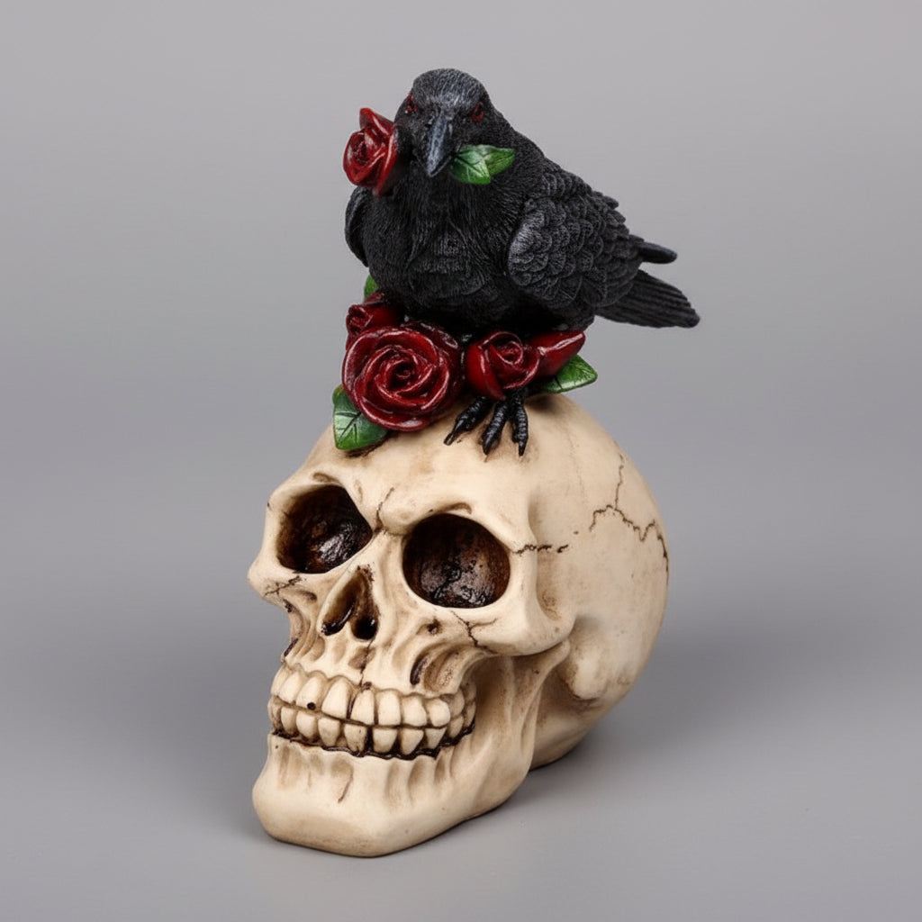 Gothic Decorative Ornament - Skull with Raven & Red Roses