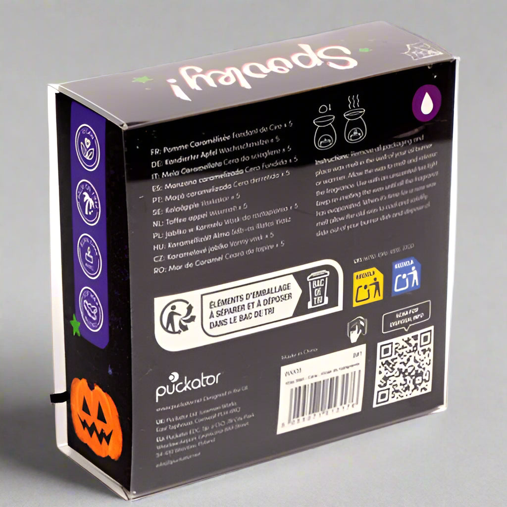 Back view of a Halloween-themed product packaging with text and graphics.