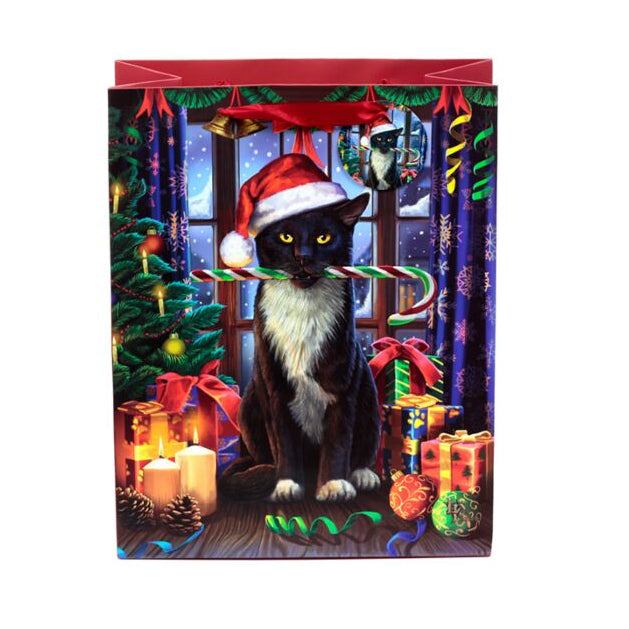 Christmas-themed greeting card with a black cat wearing a Santa hat, surrounded by festive decorations.