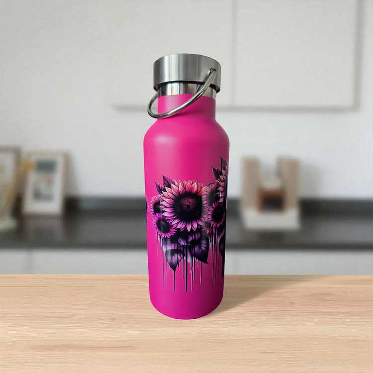 Gothic Pink Stainless Steel Flask - Skeleton & Dripping Sunflowers Design 500ml