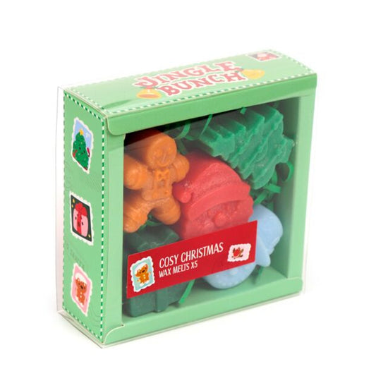 Box of 'Cosy Christmas' wax melts with colorful packaging on a white background