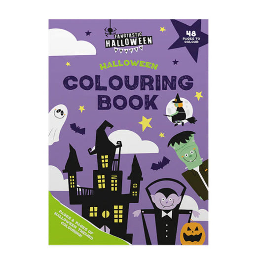 Halloween coloring book with purple cover featuring cartoon characters on a white background