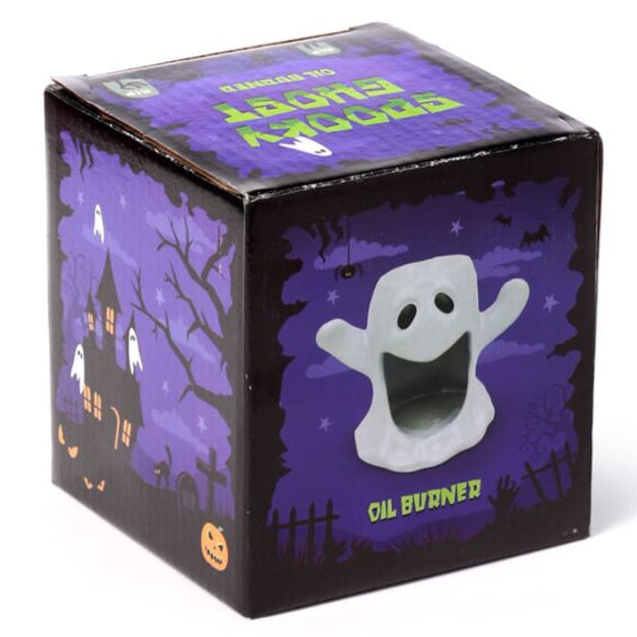 Halloween-themed product packaging with ghost design on a purple background
