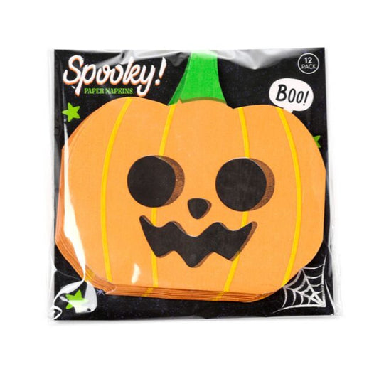 Halloween-themed paper napkins with a pumpkin design on a black background