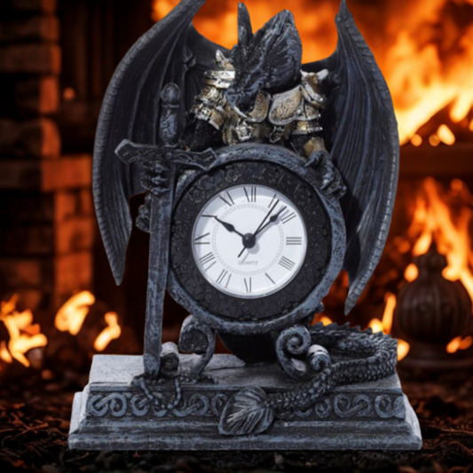 Gothic armoured mantle clock with flames in the background