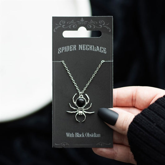 Black Obsidian Spider Necklace - Gothic Halloween Pendant Jewellery