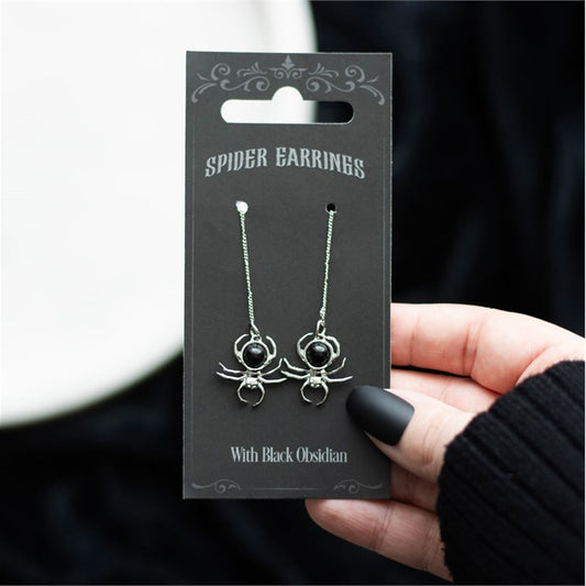 Black Obsidian Spider Earrings - Gothic Halloween Threader Jewellery