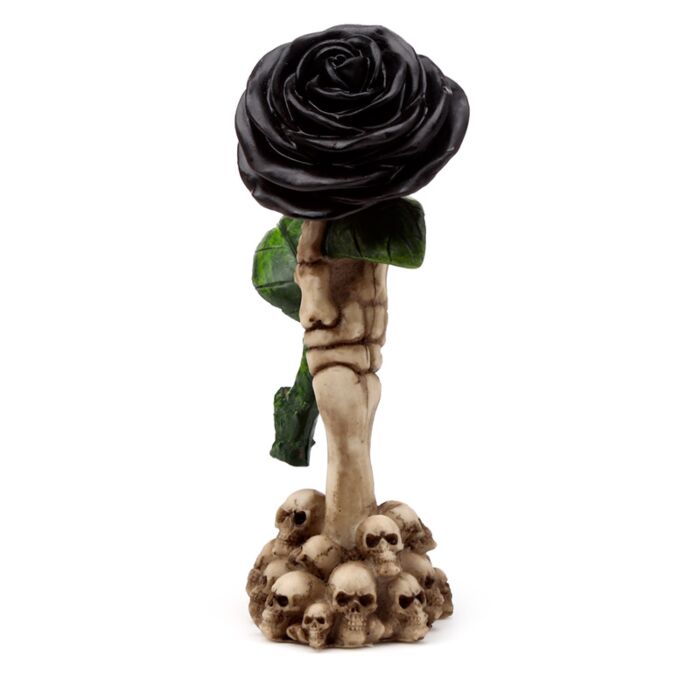 Gothic Skull Decoration - Skeleton Hand Holding Black Rose
