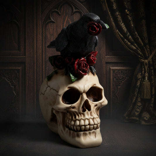 Gothic Decorative Ornament - Skull with Raven & Red Roses