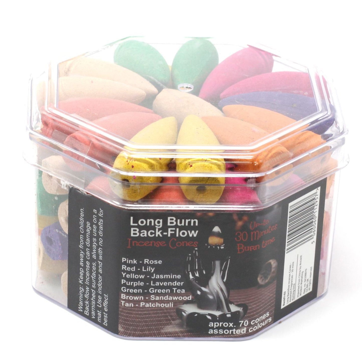 Hexagonal container of colorful incense cones with a label on a white background