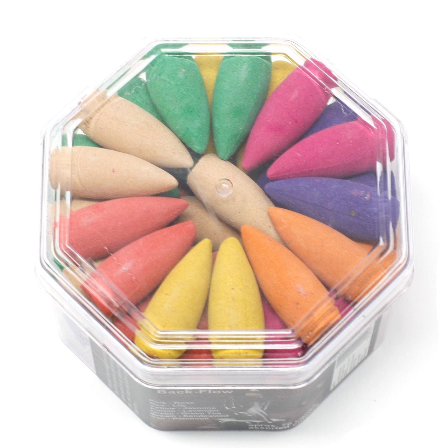 Colorful incense cones in a clear container on a white background