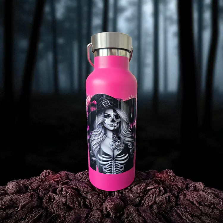 Gothic Pink Stainless Steel Flask - Skeleton & Dripping Sunflowers Design 500ml