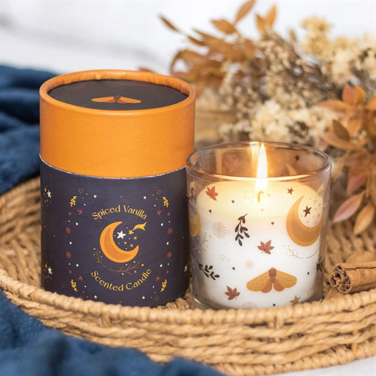 Spiced Vanilla scented candle with decorative label in an orange and black container, surrounded by dried flowers and cinnamon sticks.